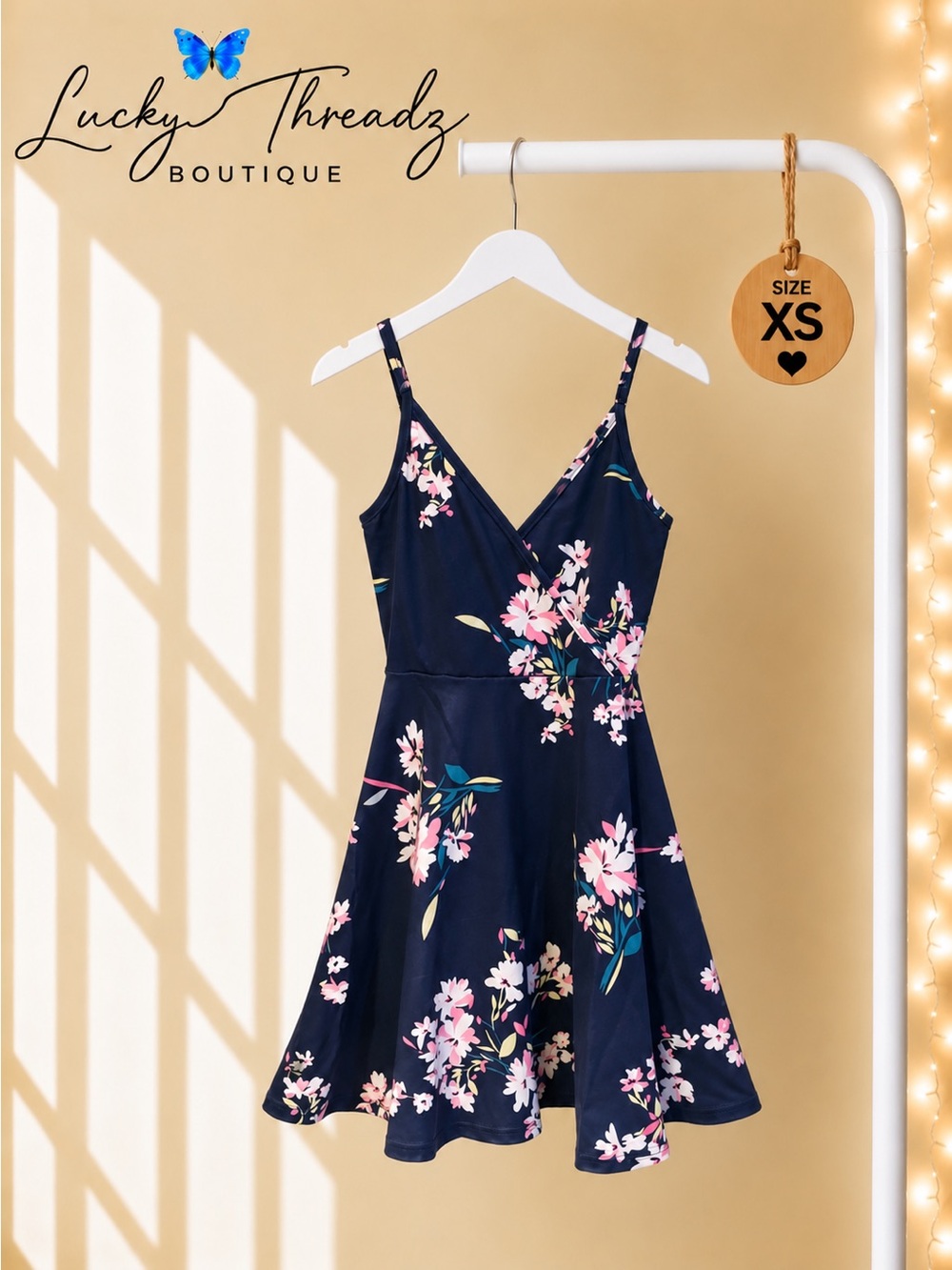 Navy Blue Floral Fit & Flare Skater Dress XS Casual Homecoming HOCO Party